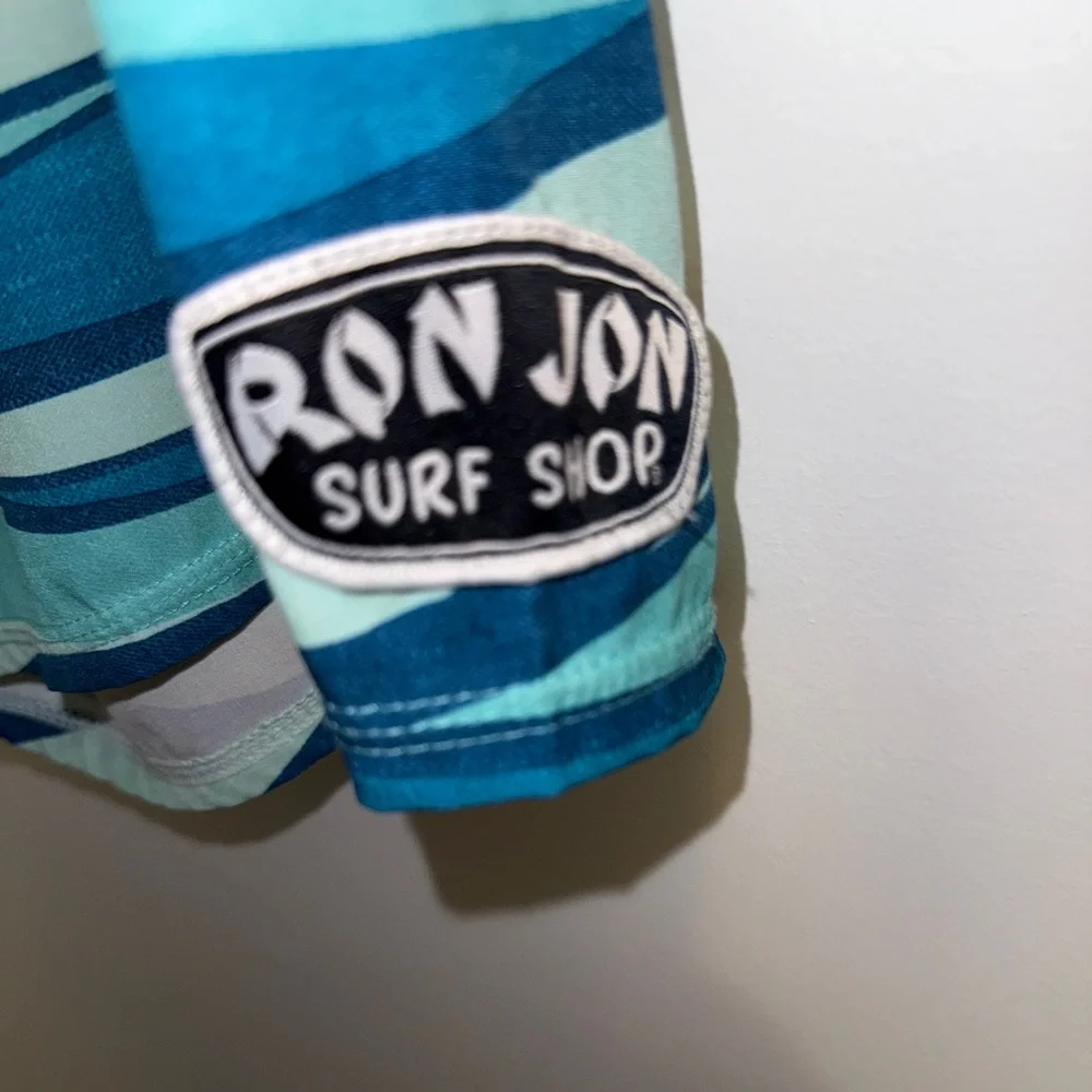 Ron Jon Surf Shop Men’s Board Shorts Swim Trunks Blue Teal Wave Print Sz 38